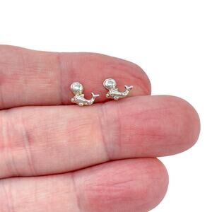 Estate Sterling Silver 925 Dolphin With Ball Stud Earrings